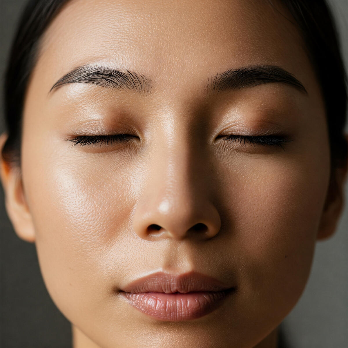 Close-up of a serene and relaxed female face with eyes closed, conveying a sense of deep calm and mindfulness. Ideal for AI-guided mental well-being sessions with Serenexa.