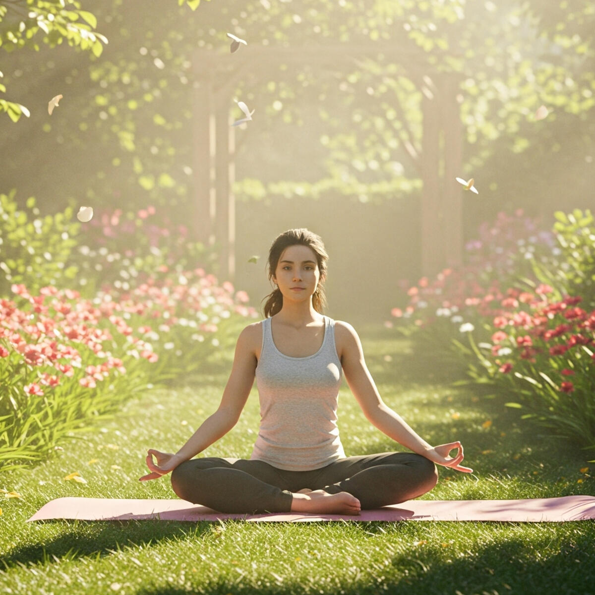 Serene person meditating in lotus position on a yoga mat within a lush, sunlit garden, embodying peace and natural wellness. Ideal visual for daily mindfulness sessions with Serenexa.