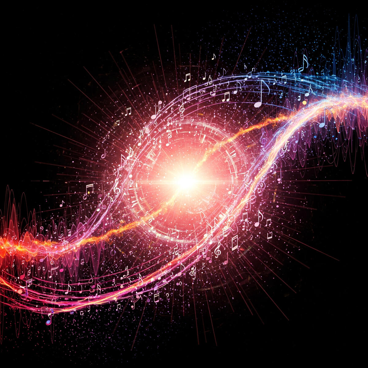 Vibrant abstract illustration of pulsating sound waves and musical notes emanating from a central light, symbolizing AI-generated adaptive music and personalized soundscapes. Represents the innovative technology behind Serenexa.