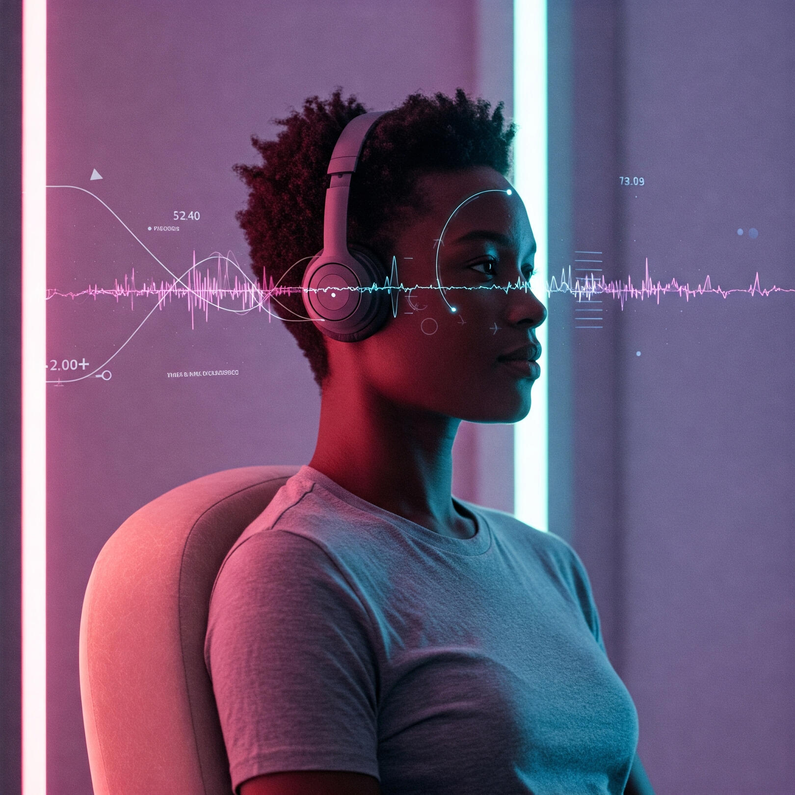 Side profile of a person wearing wireless headphones, with abstract digital visualisations of sound waves and biometric data overlaid, symbolising personalised AI-powered mental well-being experiences from Serenexa.
