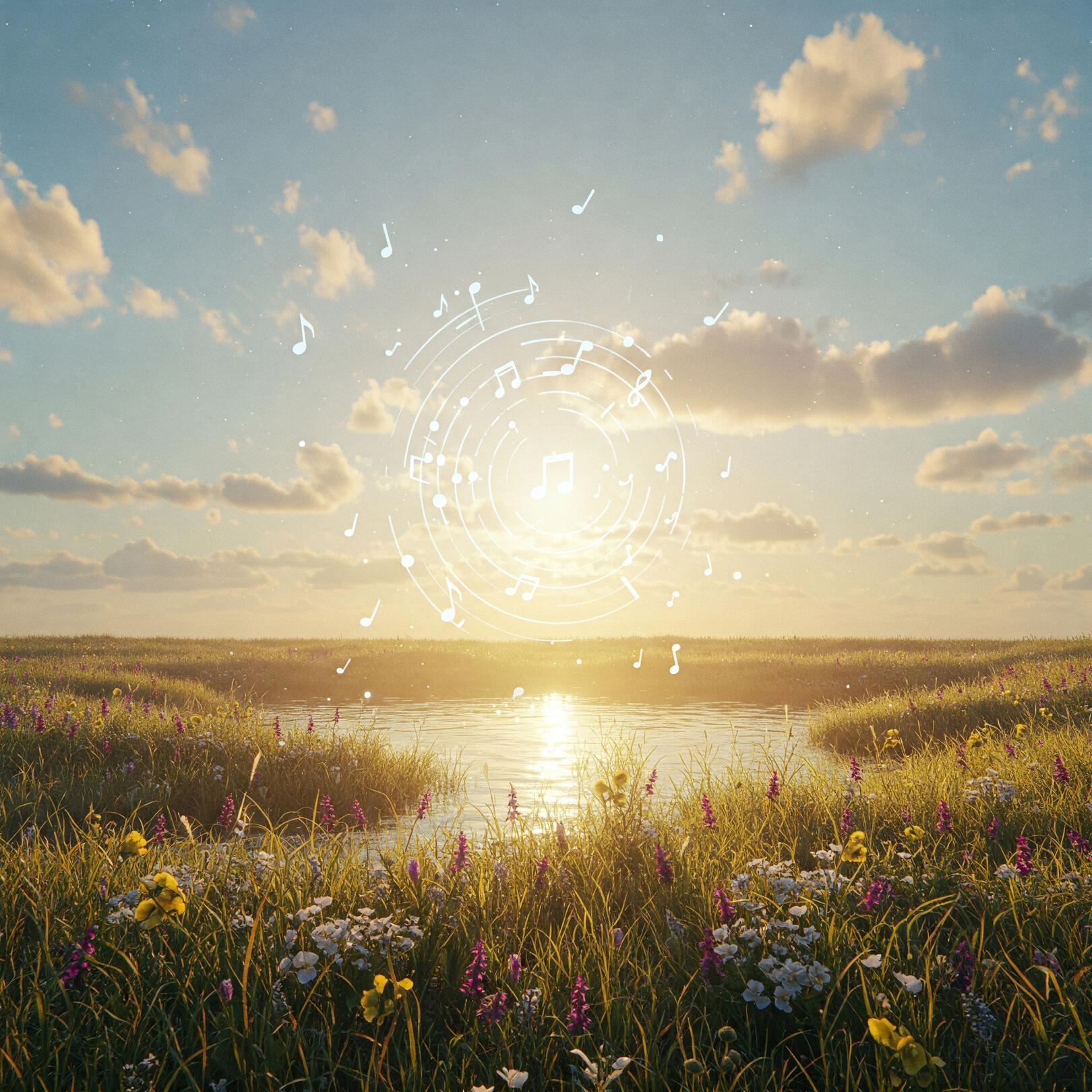 Idyllic natural landscape with musical notes emanating from the sun, symbolising AI-generated adaptive soundscapes enhancing serenity and well-being with Serenexa.