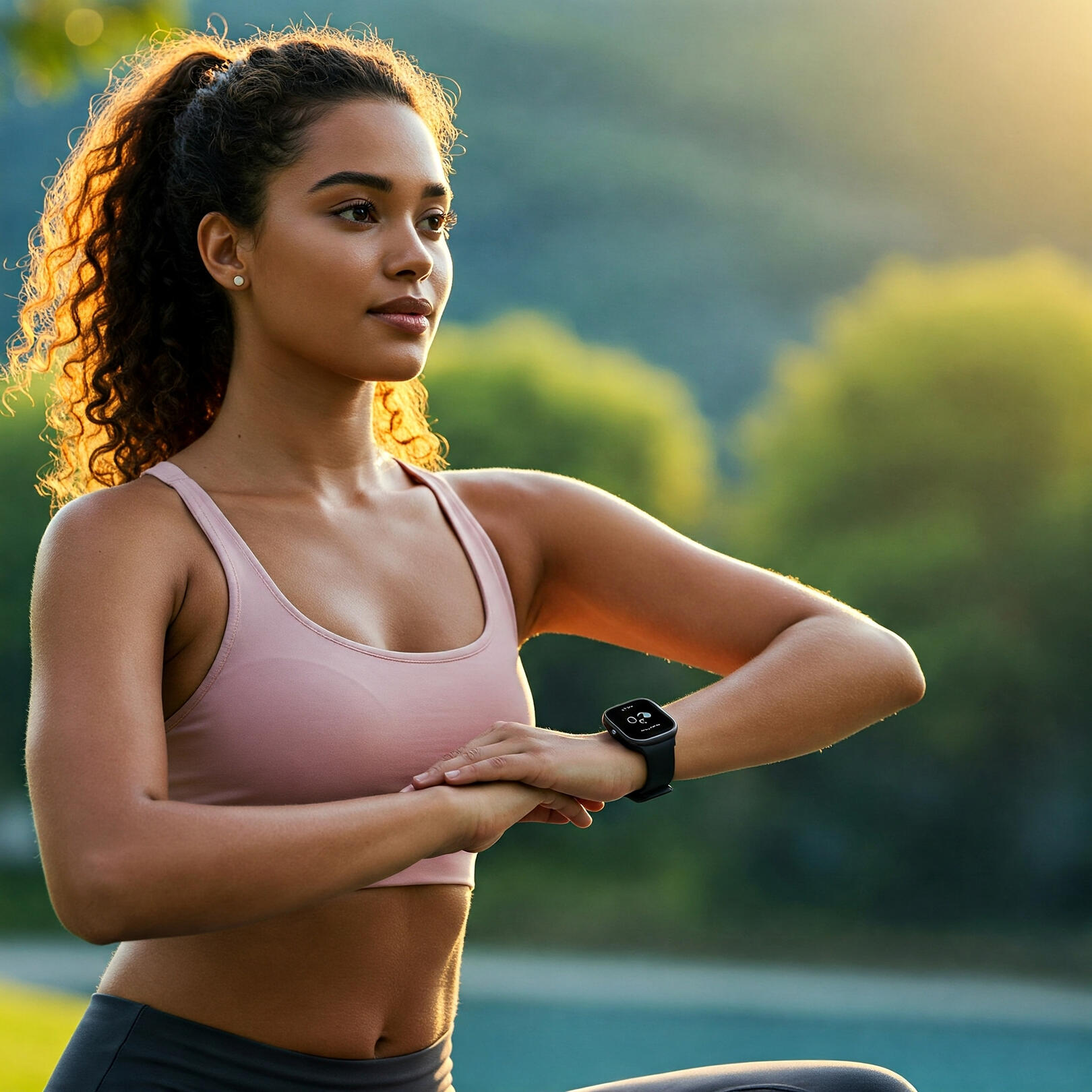 Fit person stretching outdoors at sunrise, wearing a fitness tracker, symbolising seamless integration with Serenexa for personalised mental well-being and active monitoring.